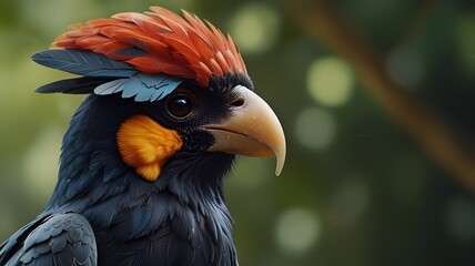 An avian wearing a helmet. Text space is provided.