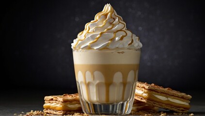 Glass of caramel frappe with cream topping on dark back ground.