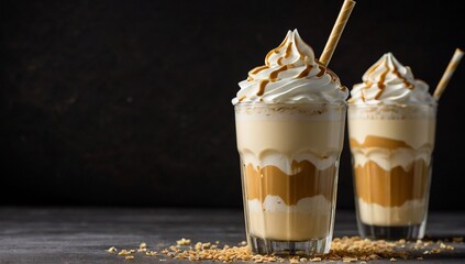 Glass of caramel frappe with cream topping on dark back ground.