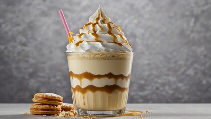 Glass of caramel frappe with cream topping on dark back ground.