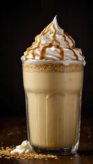 Glass of caramel milkshake with cream and cookie topping on dark back ground.