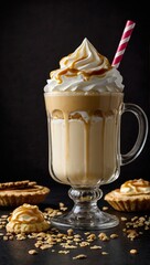 Glass of caramel milkshake with cream and cookie topping on dark back ground.