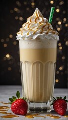 Glass of caramel milkshake with cream and cookie topping on dark back ground.