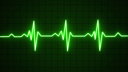Glowing neon green color heartbeat rate and pulse line with grid, EKG, ECG, seamless and loop motion . Cardiogram cardiograph oscilloscope screen.