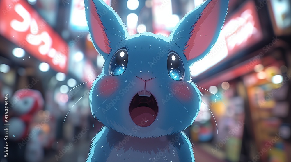 Wall mural Funny scared rabbit shouts on the street. Cartoon illustration of bunny with open mouth and tears in the eyes lost in asian city. - Wall murals