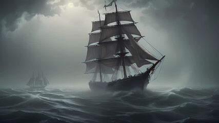 Generate a moving image depicting the Mary Celeste adrift at sea, with its sails billowing in the wind. The ship should appear ghostly, with a translucent appearance, and no signs of life on board. Su