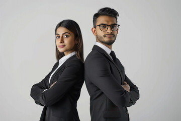 man and woman in suit standing confidently