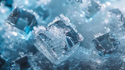 Intricate Ice Crystal Structures Close-Up. Stunning close-up of delicate ice crystal structures with a deep blue hue, showcasing geometric beauty and clarity.