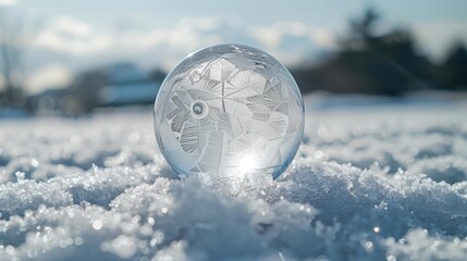 Crystal Sphere Nestled in Sparkling Snow. Clear crystal ball with intricate frost patterns sits atop a bed of glittering snow under a bright, sunny sky.