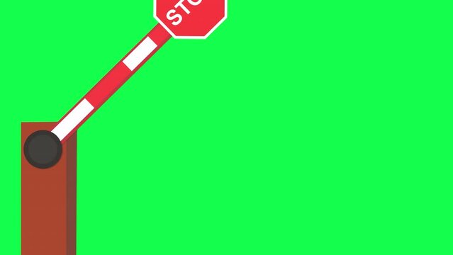 Blocked vehicular or pedestrian access through a controlled point. Cars cannot enter. Barrier with STOP road sign closing and opening on Green Screen background.
