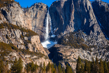 Beautiful Clear Day on Yosemite Falls in Winter, Yosemite National Park, California