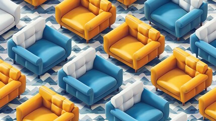 A seamless pattern of blue and yellow armchairs arranged in an isometric grid. The armchairs are...