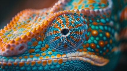 Fototapeta premium Vivid Macro Detail of a Chameleon's Eye. Intensely detailed macro photograph of a chameleon's eye, showcasing vibrant colors and unique patterns of its textured skin.