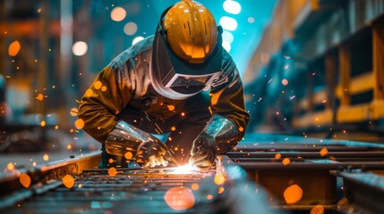 A welder working on the metallic frame of an indoor sports arena.