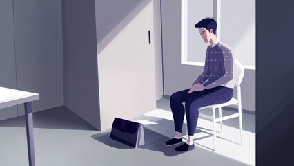 Man seated alone, Job loss contemplating in sparse modern interior, Quiet introspection serene patience still sadness, Layoff fired without work