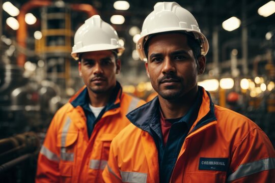 Chemical industry factory worker wearing hat and safety suit at work in refinery