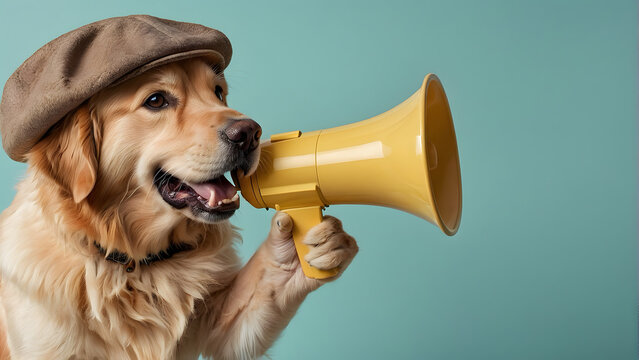 A funny golden retriever making an announcement