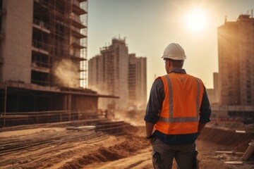 Fototapeta premium back view of civil engineer working and supervising building construction at construction site