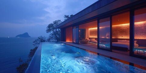 A modern house with a swimming pool sits right by the ocean, offering stunning views of the water
