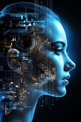 A woman's face is shown in a blue and black color scheme with a lot of lines The image is of a futuristic woman with a lot of technology surrounding her