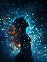 A woman is standing in a starry sky with her hair blowing in the wind. The sky is filled with bright