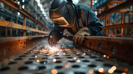 A welder securing the metal plates of a flood defense system.