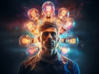 A man with a beard is surrounded by a bunch of glowing light bulbs