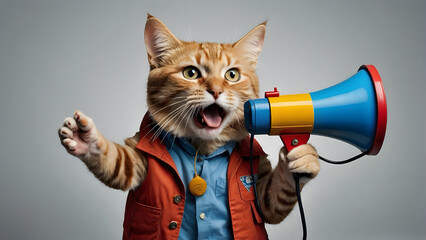 Fototapeta premium A funny cat holding a megaphone for announcement