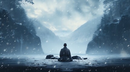 A man sits on a rock by a lake in the snow