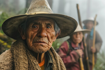 Portrait of an elderly indigenous man wearing a traditional hat, with a thoughtful expression, in a misty mountain setting.