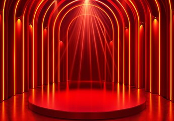 Luxurious stage backdrop with regal red, maroon, and golden lights emanating elegance. 