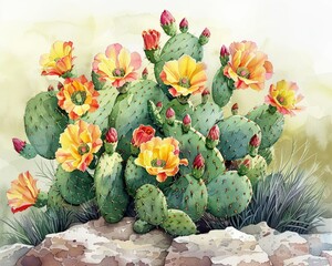 A watercolor illustration of a blooming cactus in the desert, with vibrant flowers against a soft, natural background Generative AI