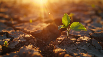 A young plant sprouts through the cracked desert soil, symbolizing hope and renewal in harsh conditions.
