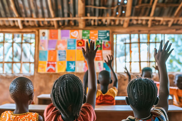 African children raising hands in classroom with educational posters on the wall.