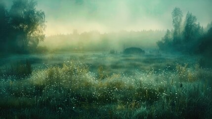 A dreamy meadow bathed in soft green light blends into the tranquil blue hues of an autumn sunrise encapsulating the essence of Earth Day