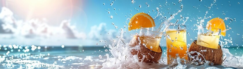 Coconut with sunglasses and cocktails splashing in the sea, beach banner background with copy space, sunlight reflections, blue sky, bokeh effect, summer vacation concept