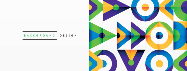 A vibrant geometric pattern featuring arrows, circles, triangles, and rectangles in shades of magenta and electric blue, creating a symmetrical and colorful design on a white background