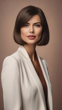 front portrait of a young business woman with a bob haircut in a chic