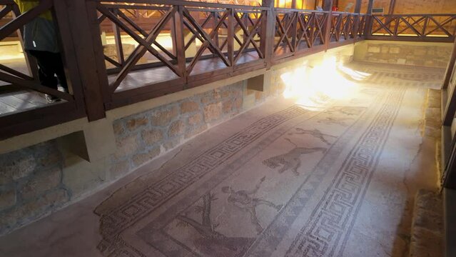 A closer view of the intricate ancient mosaics on the floor of the House of Dionysus, seen from the walkway above. The mosaics depict various scenes and patterns.
