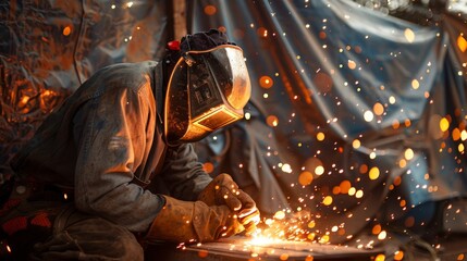 A welder constructing temporary metal shelters for a disaster relief effort.