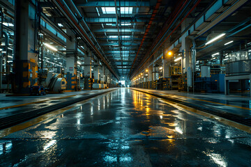 The image of a modern car factory interior with lights and reflections.