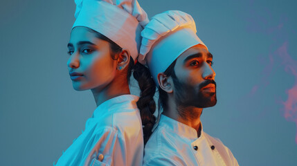 Indian male and female chef standing confidently