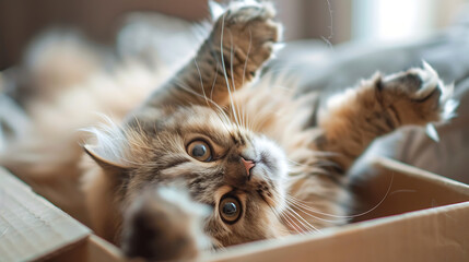 Persian cat lying on its back in a cardboard box. warm expression, and it's showing a bit of its...