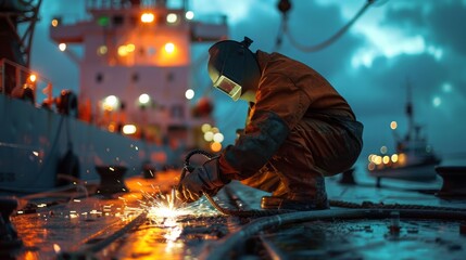 A welder at a maritime port welding parts of a new loading dock.