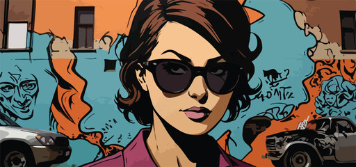 Stylish Woman in Sunglasses with Urban Graffiti Background Illustration.
