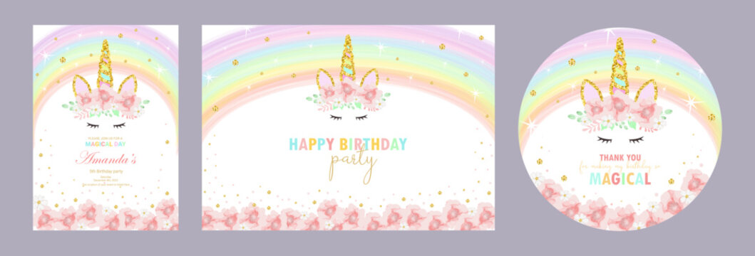 Set of invitation cards for the girl's first birthday party with Unicorn. Template for baby shower invitation. one year. Thank you card