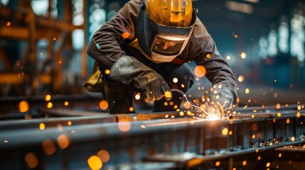 A welder assembling prefabricated housing units in a rapid construction project.