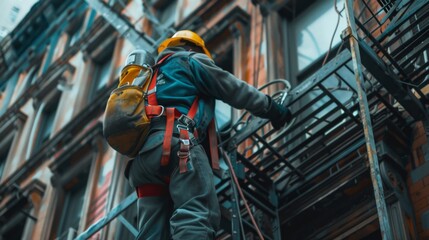 A welder assembling fire escape routes on a historic apartment building.