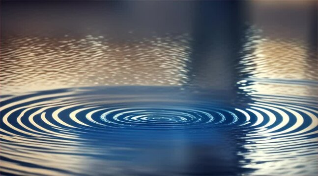 Defocused blurred transparent blue colored clear calm water surface texture with water drop splash and bubbles.