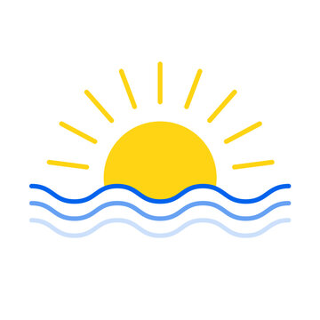 recommend clip art: sunrise or sunset over water sea ocean. no people white background. logo or clip art. vector illustration.